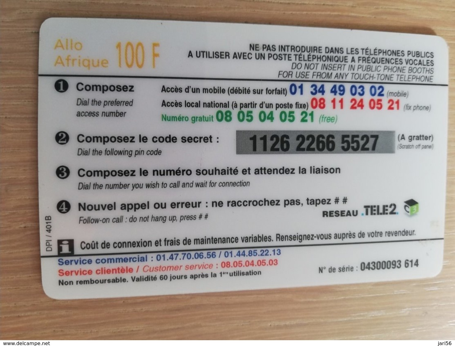FRANCE/FRANKRIJK  ALLO AFRIQUE 100 FR  PREPAID  USED    ** 1512** - Nachladekarten (Handy/SIM)