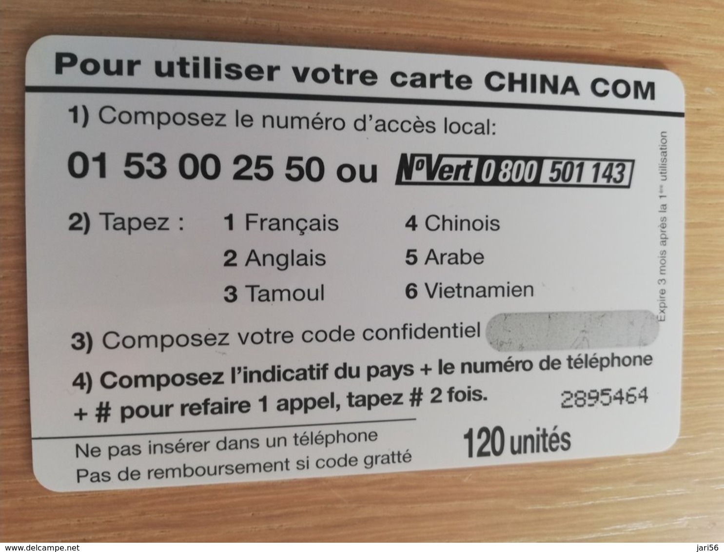 FRANCE/FRANKRIJK  CHINA COM 120 UNITES  PREPAID  MINT     ** 1513** - Nachladekarten (Handy/SIM)