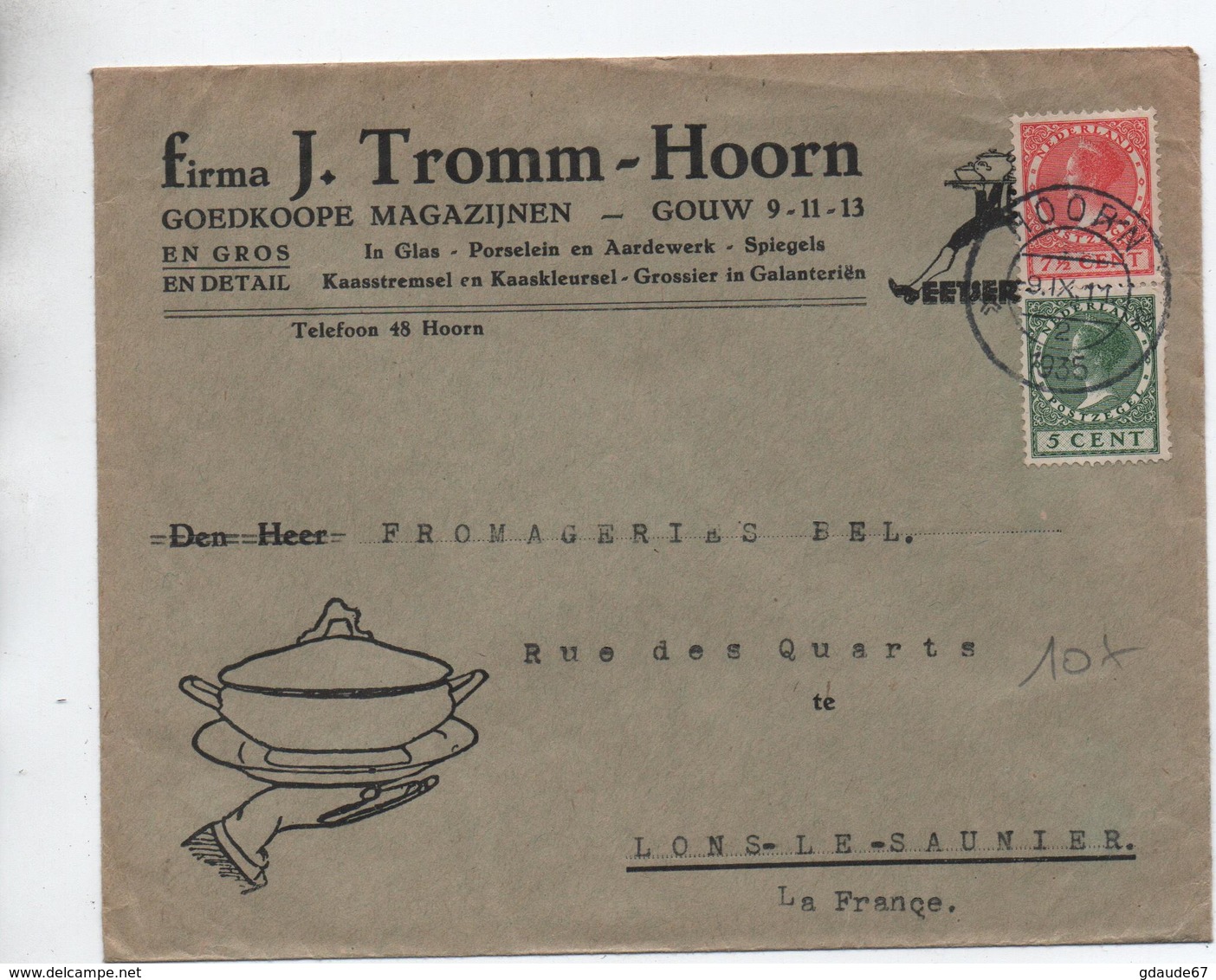 1935 - ENVELOPPE COMMERCIALE De HOORN Pour LONS LE SAUNIER (JURA) - Poststempels/ Marcofilie