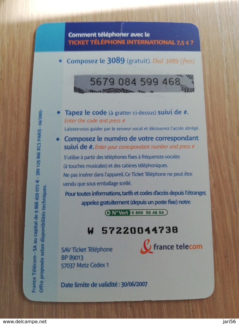 FRANCE/FRANKRIJK  TICKET TELE PHONE ¼ 7,5 PREPAID  MINT     ** 1519** - Voorafbetaalde Kaarten: Gsm