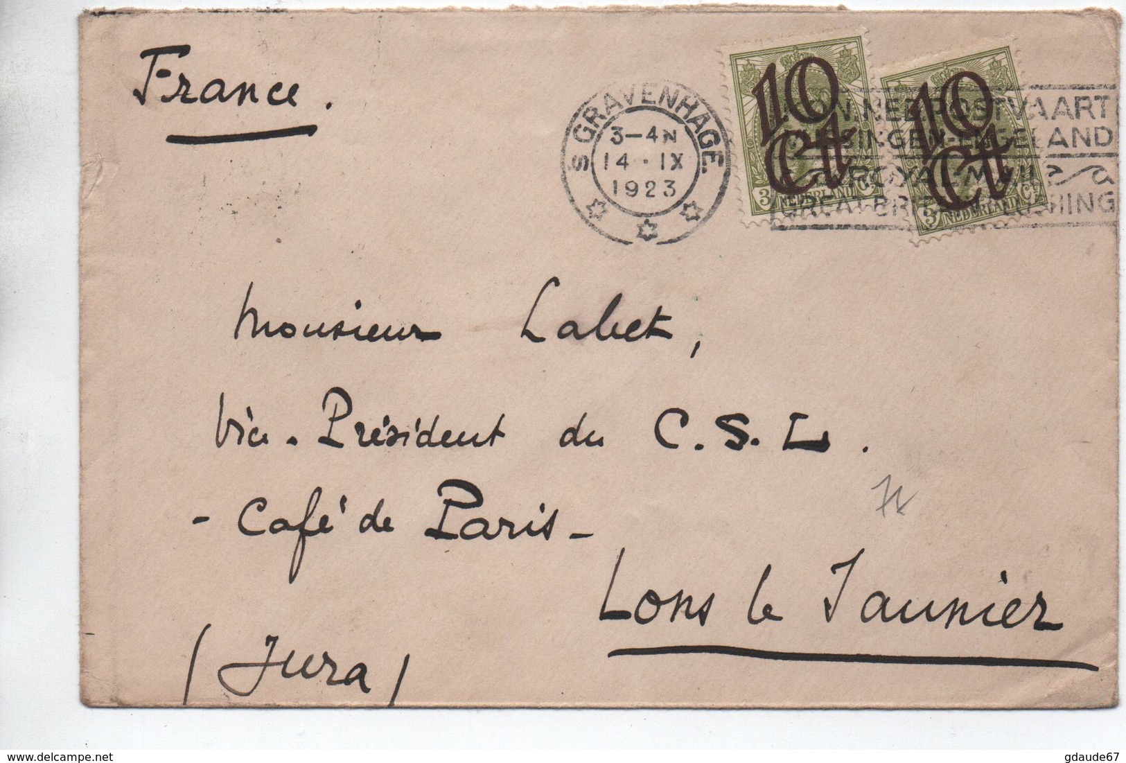 1923 - ENVELOPPE De 'S GRAVENHAGE Pour LONS LE SAUNIER (JURA) - Storia Postale