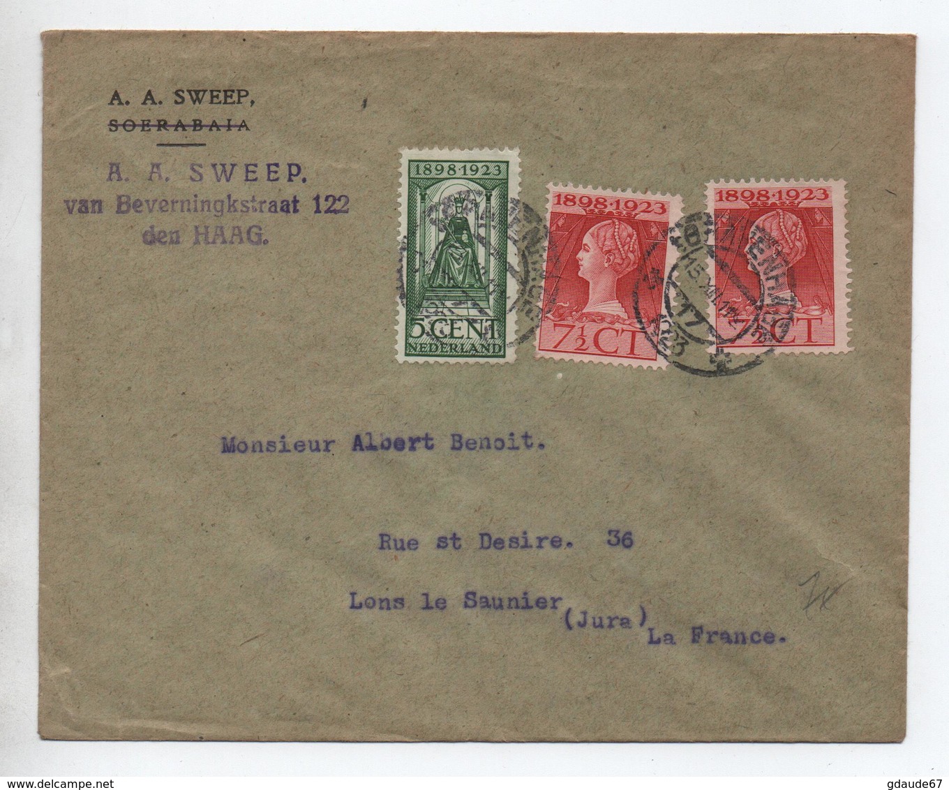 1923 - ENVELOPPE De 'S GRAVENHAGE Pour LONS LE SAUNIER (JURA) - Poststempels/ Marcofilie