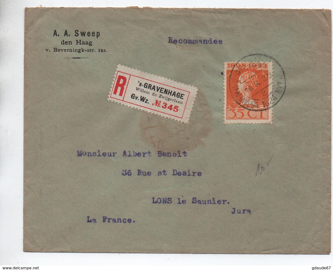 1924 - ENVELOPPE RECOMMANDEE De 'S GRAVENHAGE Pour LONS LE SAUNIER (JURA) Avec SEUL - Poststempels/ Marcofilie