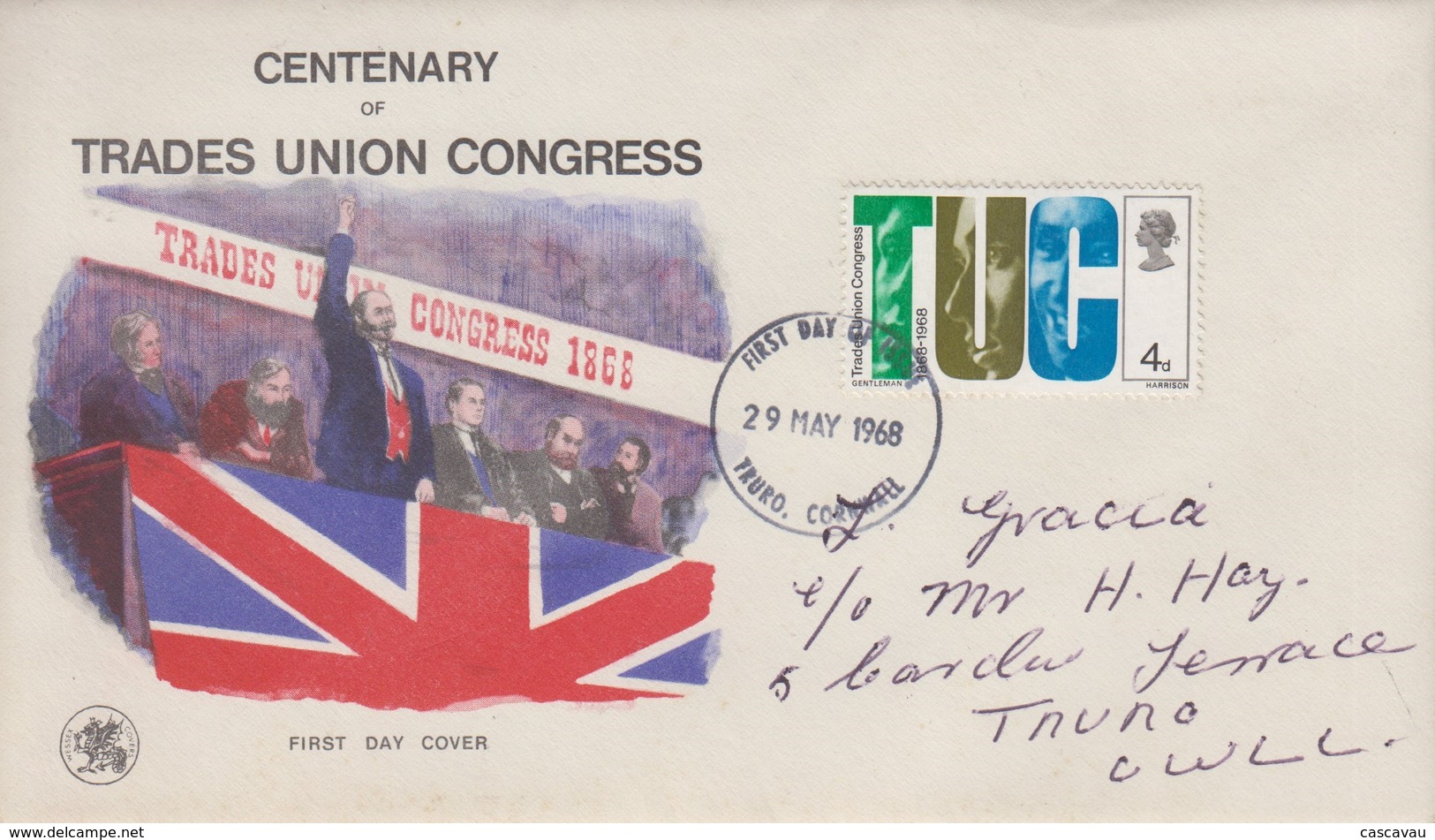 Enveloppe  FDC  1er   Jour   GRANDE  BRETAGNE    100éme  Anniversaire    TRADE  UNION  CONGRESS   1968 - 1952-1971 Pre-Decimal Issues