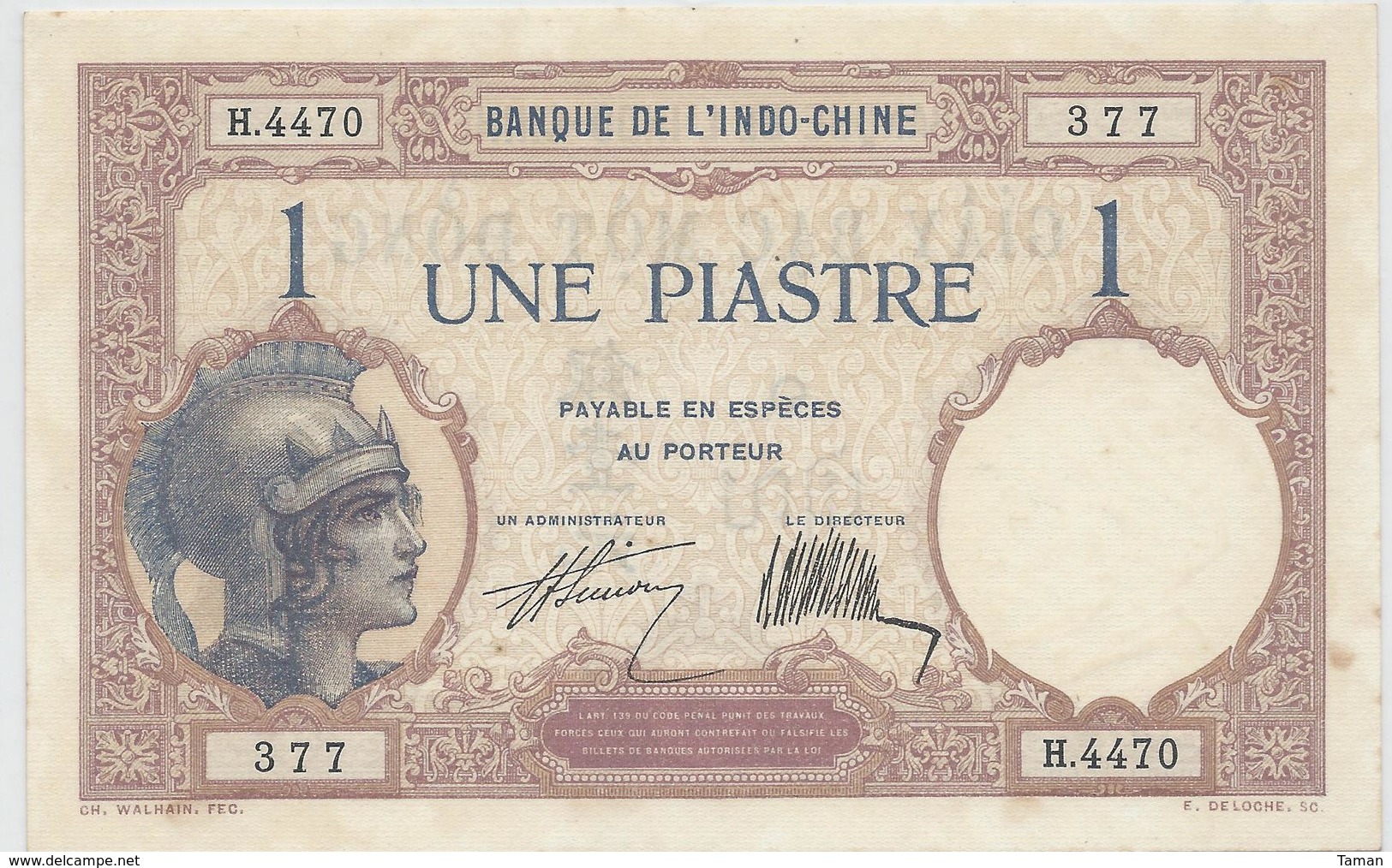 INDOCHINE   1  Piastre   Nd(1927)   -- UNC --    Indo-china - Indochina