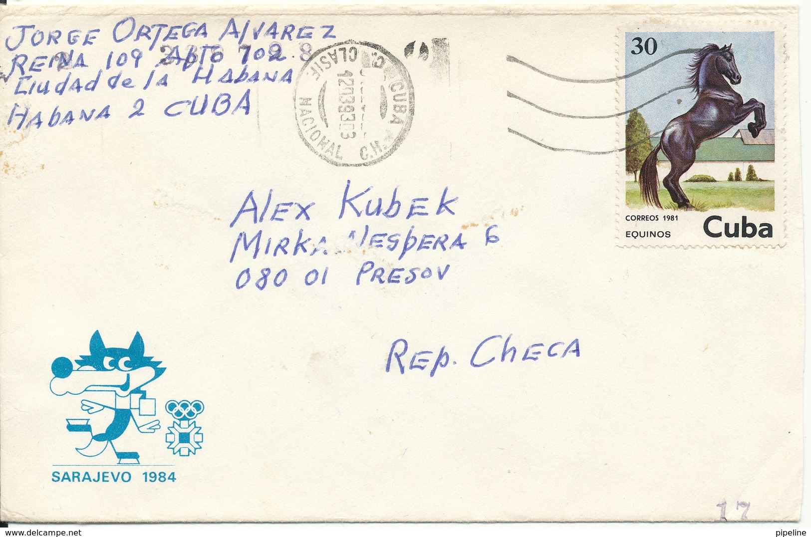 Cuba Cover Sent To Czech Republic 12-3-1993 Single Franked HORSE - Briefe U. Dokumente