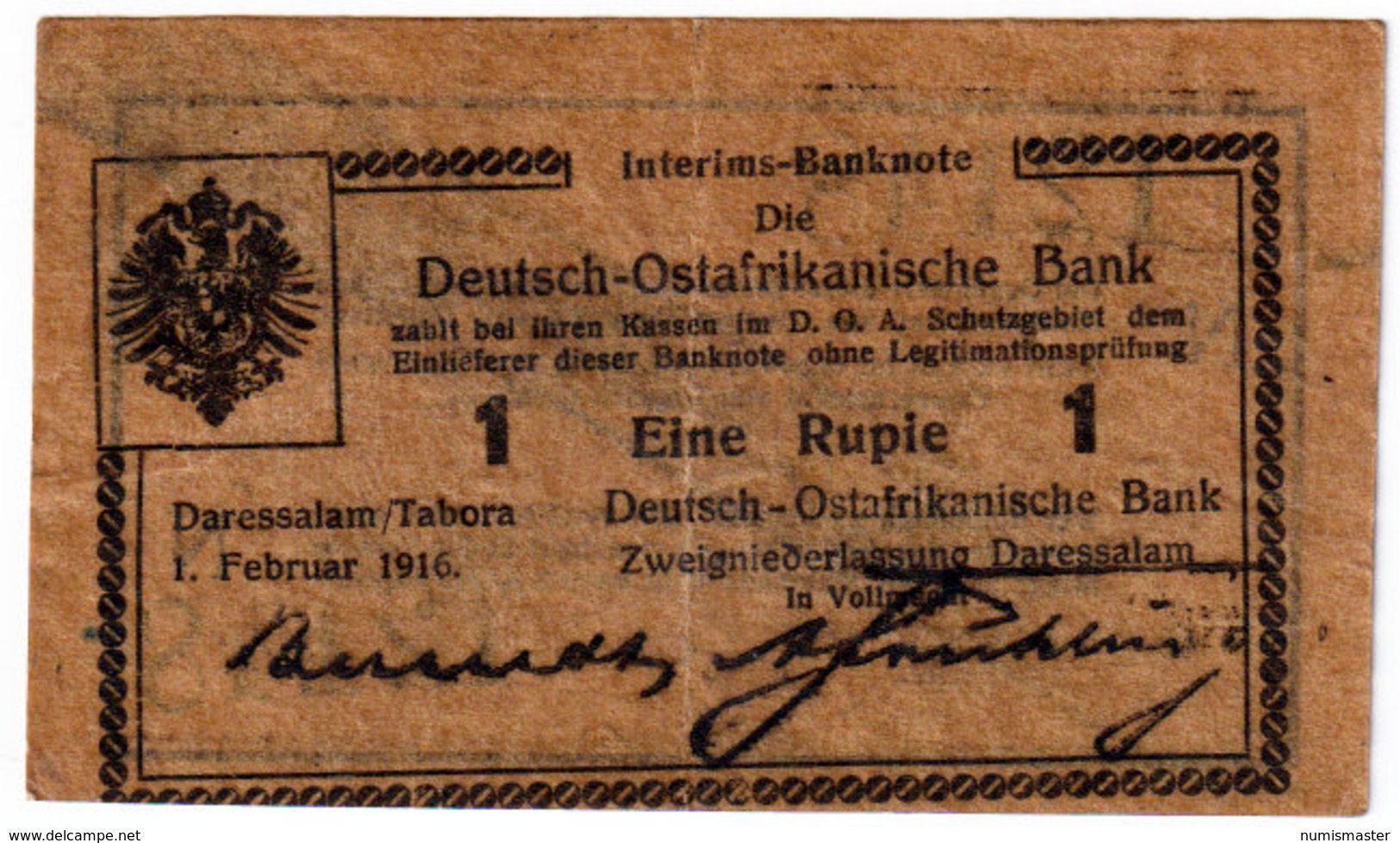 GERMAN EAST AFRICA , 1 RUPIE 1.2.1916. P-18b , TICK GREY BROWN PAPER , SERIE N - Deutsch-Ostafrikanische Bank