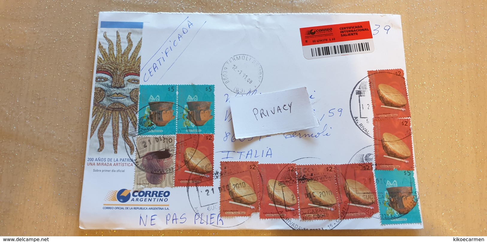 Certificada Registered Letter Republica ARGENTINA 2010 Self-adhesive Letter Cover Used - Brieven En Documenten