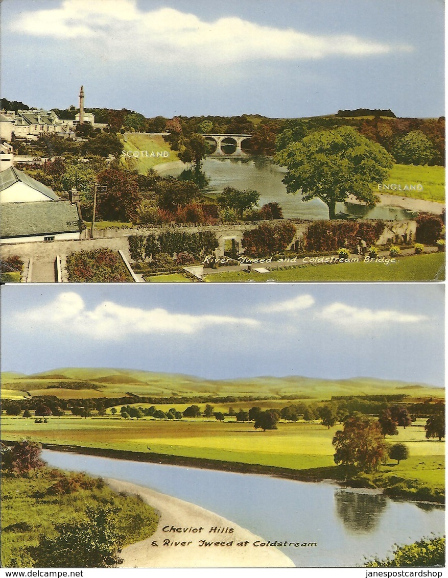 TWO COLOURED POSTCARDS RIVER TWEED AND COLDSTREAM BRIDGE AND CHEVIOT HILLS - BORDERS - BERWICKSHIRE - Berwickshire