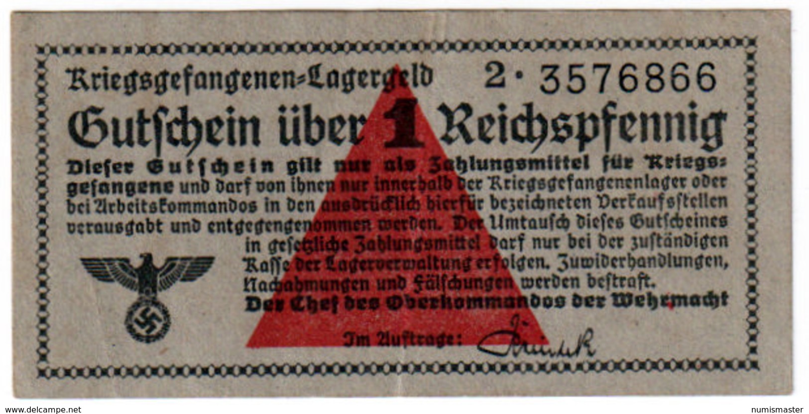 GERMANY, WWII, PRISONERS CAMP CURRENCY , 1 REICHSPFENNIG 1039-1944 , XF - Verrechnungsscheine - Dt. Wehrmacht