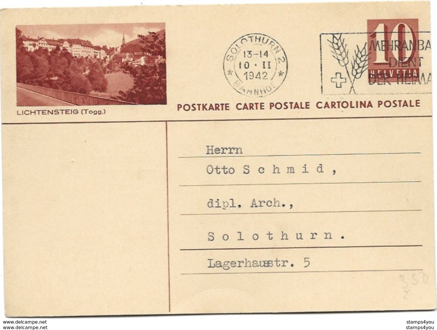 231 - 74 - Entier Postal Avec Illustration "Lichtensteig" Oblit Mécanique 1942 - Entiers Postaux
