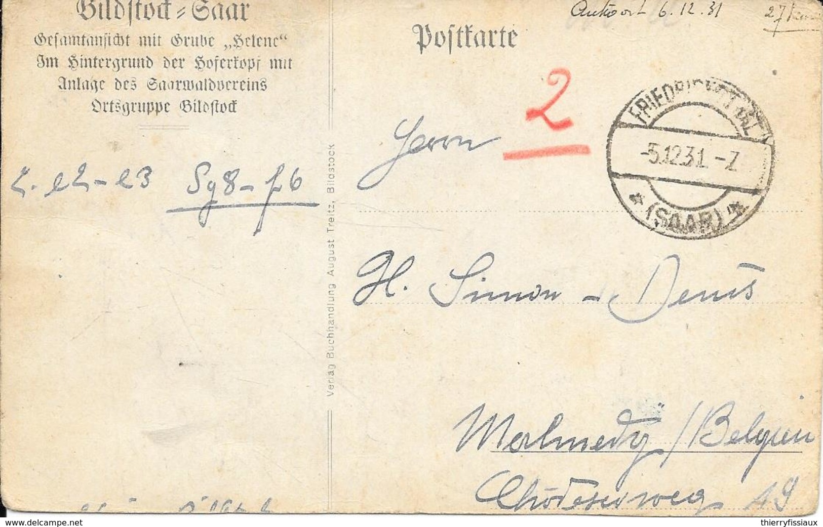 ALLEMAGNE - SARR - FRIEDRICHSTHAL - BILDSTOCK - FABRIK - Circulé: 1931 - 2 Scans - Guerre 1914-18