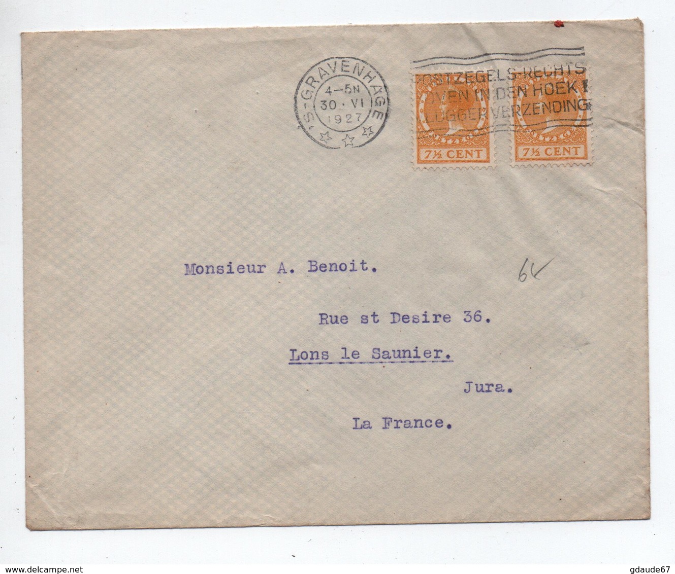 1927 - ENVELOPPE De 'S GRAVENHAGE Pour LONS LE SAUNIER (JURA) - Storia Postale