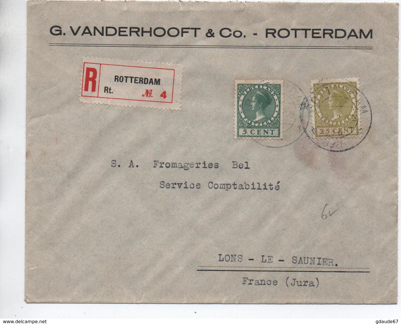 1928 - ENVELOPPE RECOMMANDEE De ROTTERDAM Pour LONS LE SAUNIER (JURA) - Storia Postale