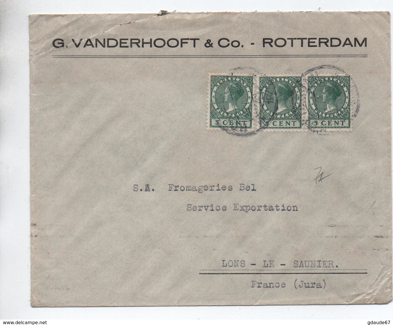 1928 - ENVELOPPE De ROTTERDAM Pour LONS LE SAUNIER (JURA) - Postal History