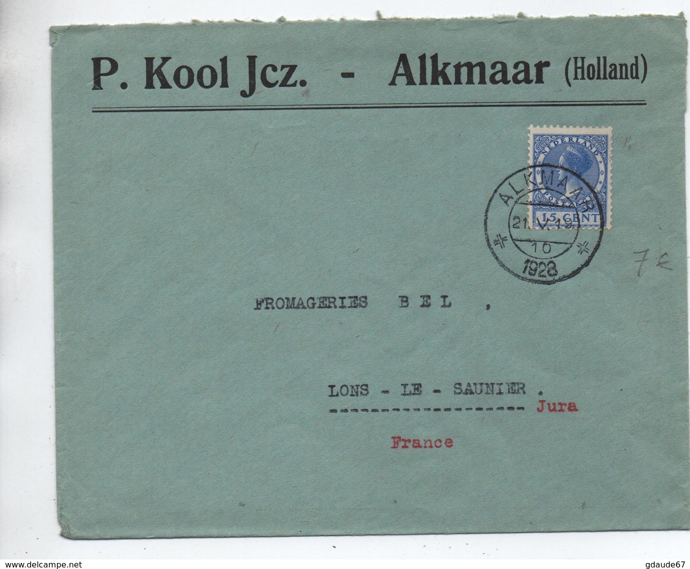 1928 - ENVELOPPE De ALKMAAR Pour LONS LE SAUNIER (JURA) - Marcophilie