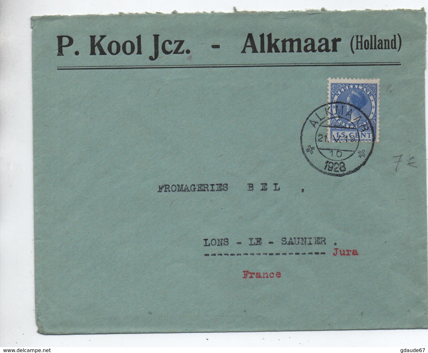 1928 - ENVELOPPE De ALKMAAR Pour LONS LE SAUNIER (JURA) - Marcofilia