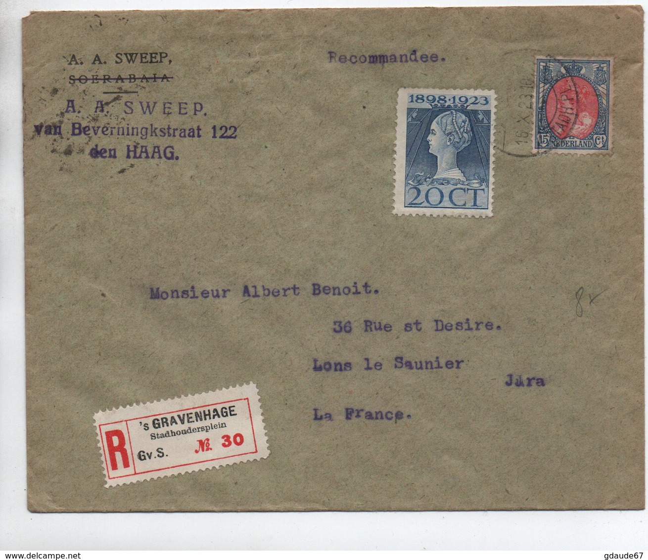 1923 - ENVELOPPE RECOMMANDEE De 'S GRAVENHAGE Pour LONS LE SAUNIER (JURA) - Storia Postale