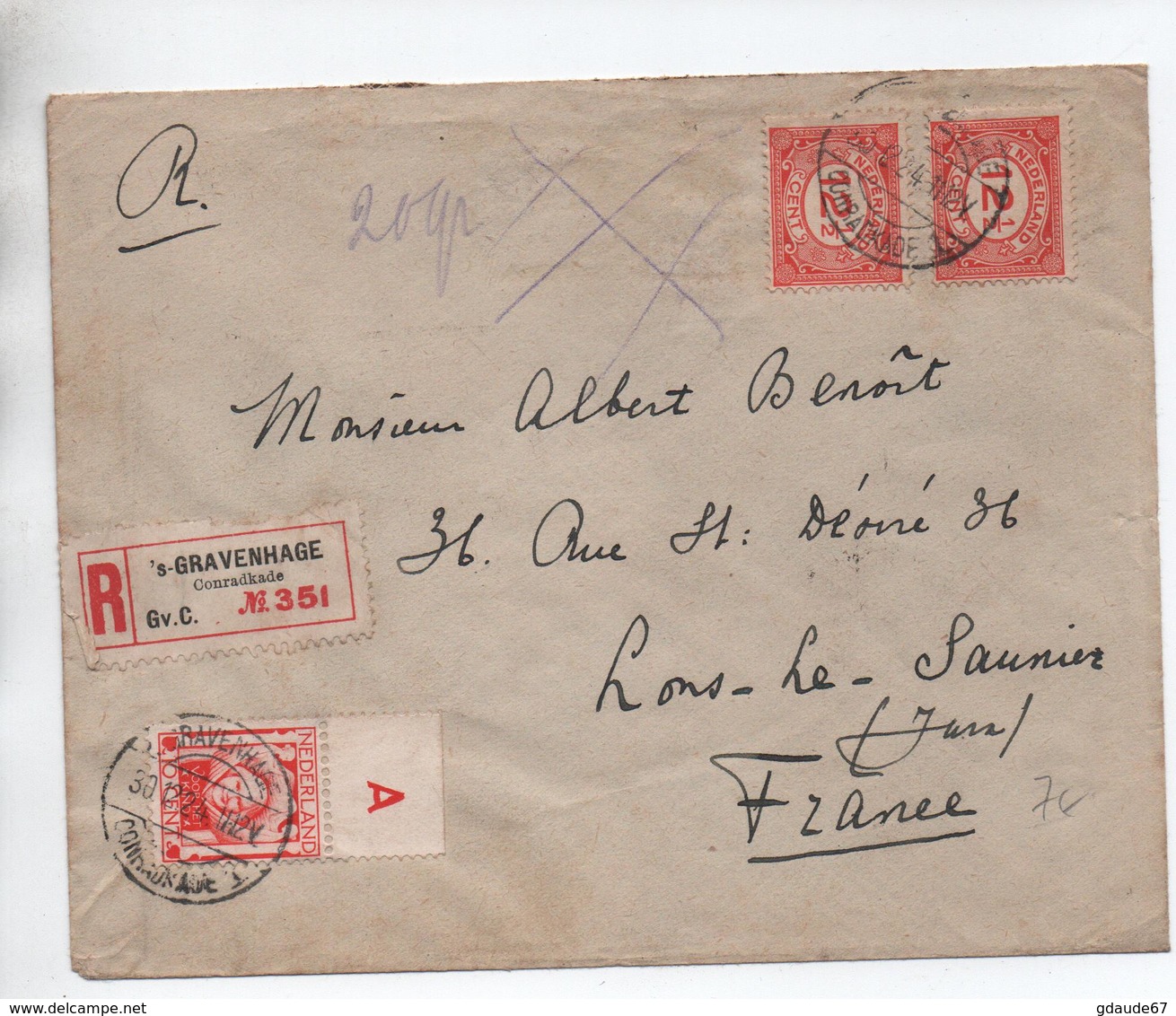1924 - ENVELOPPE RECOMMANDEE De 'S GRAVENHAGE Pour LONS LE SAUNIER (JURA) - Postal History