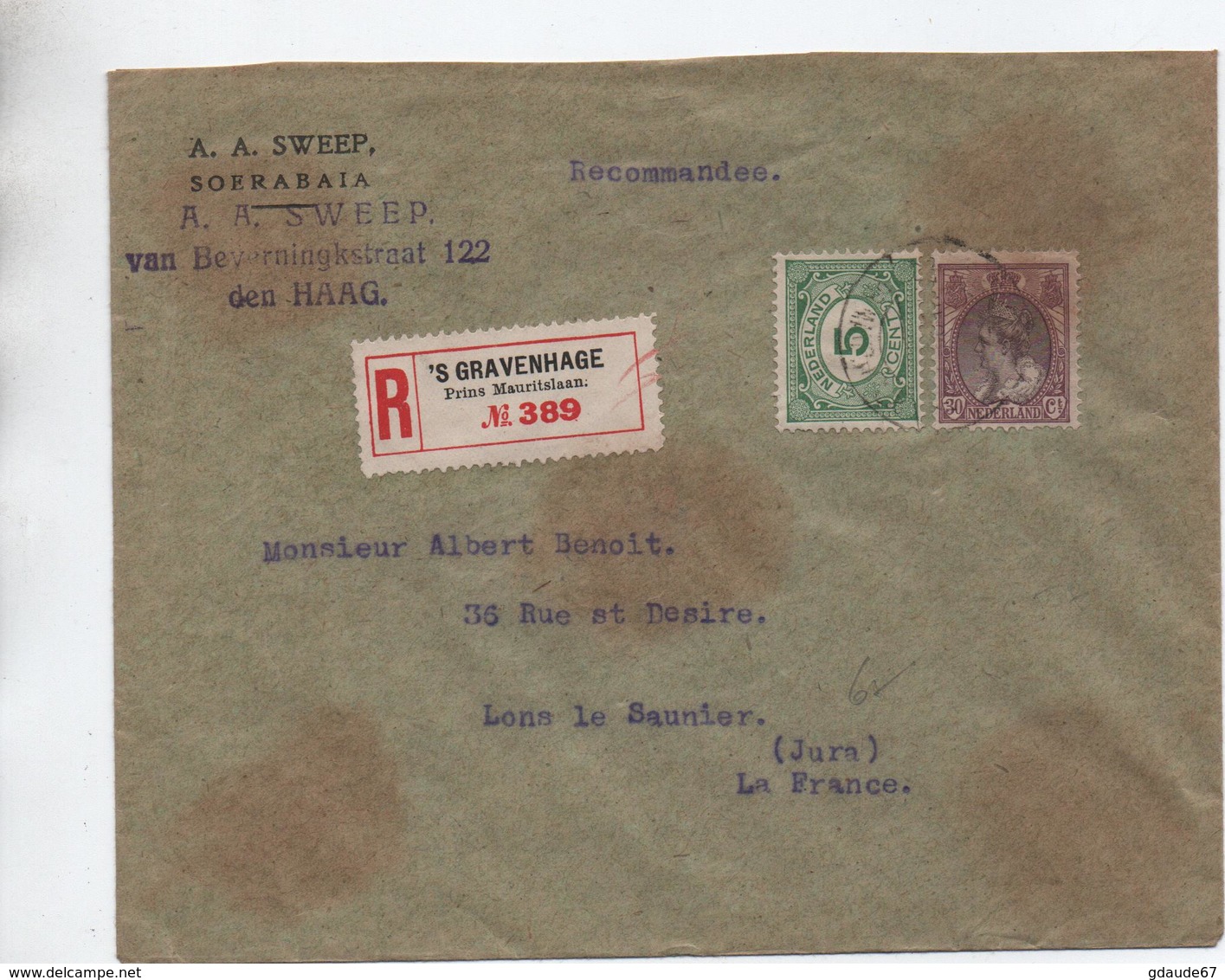 1923 - ENVELOPPE De 'S GRAVENHAGE Pour LONS LE SAUNIER (JURA) - Postal History