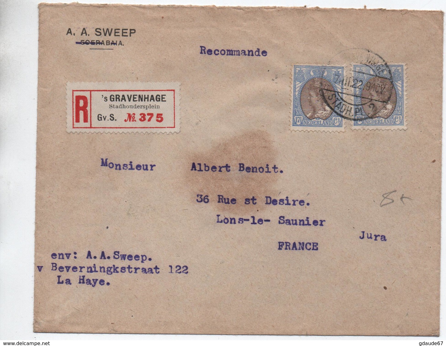 1922 - ENVELOPPE De 'S GRAVENHAGE Pour LONS LE SAUNIER (JURA) - Marcophilie