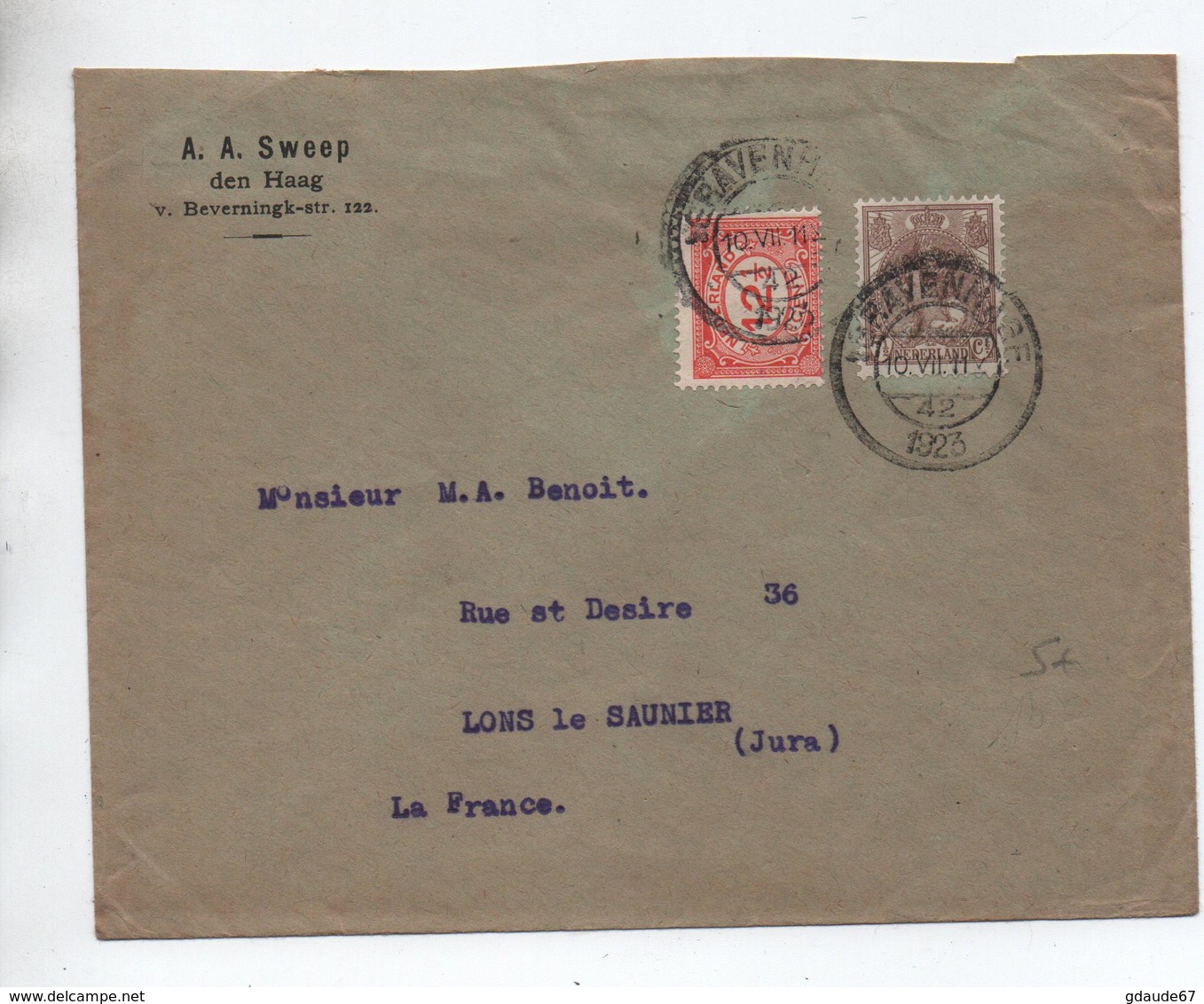 1923 - ENVELOPPE De 'S GRAVENHAGE Pour LONS LE SAUNIER (JURA) - Storia Postale