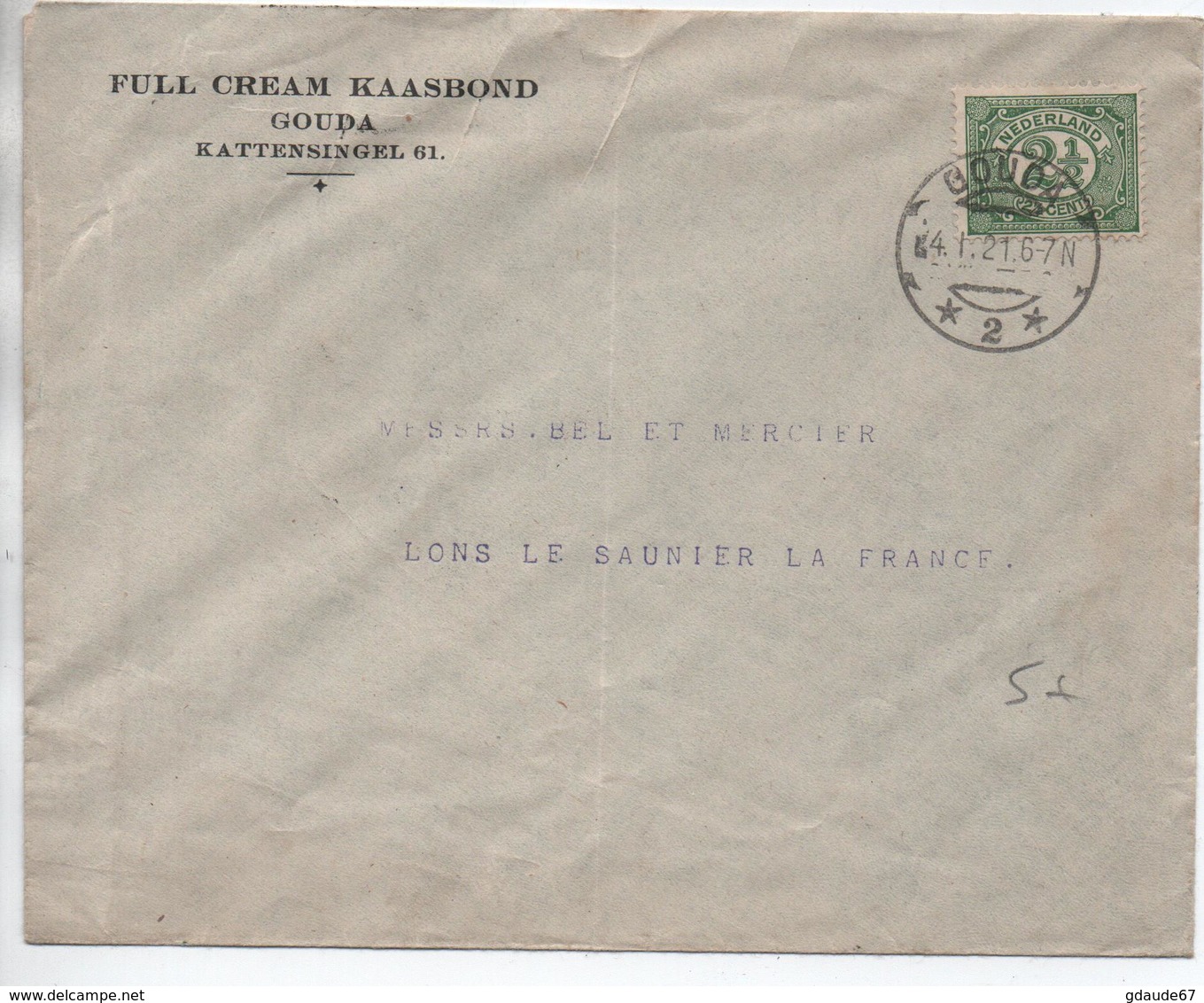 1921 - ENVELOPPE De GOUDA Pour LONS LE SAUNIER (JURA) - Postal History