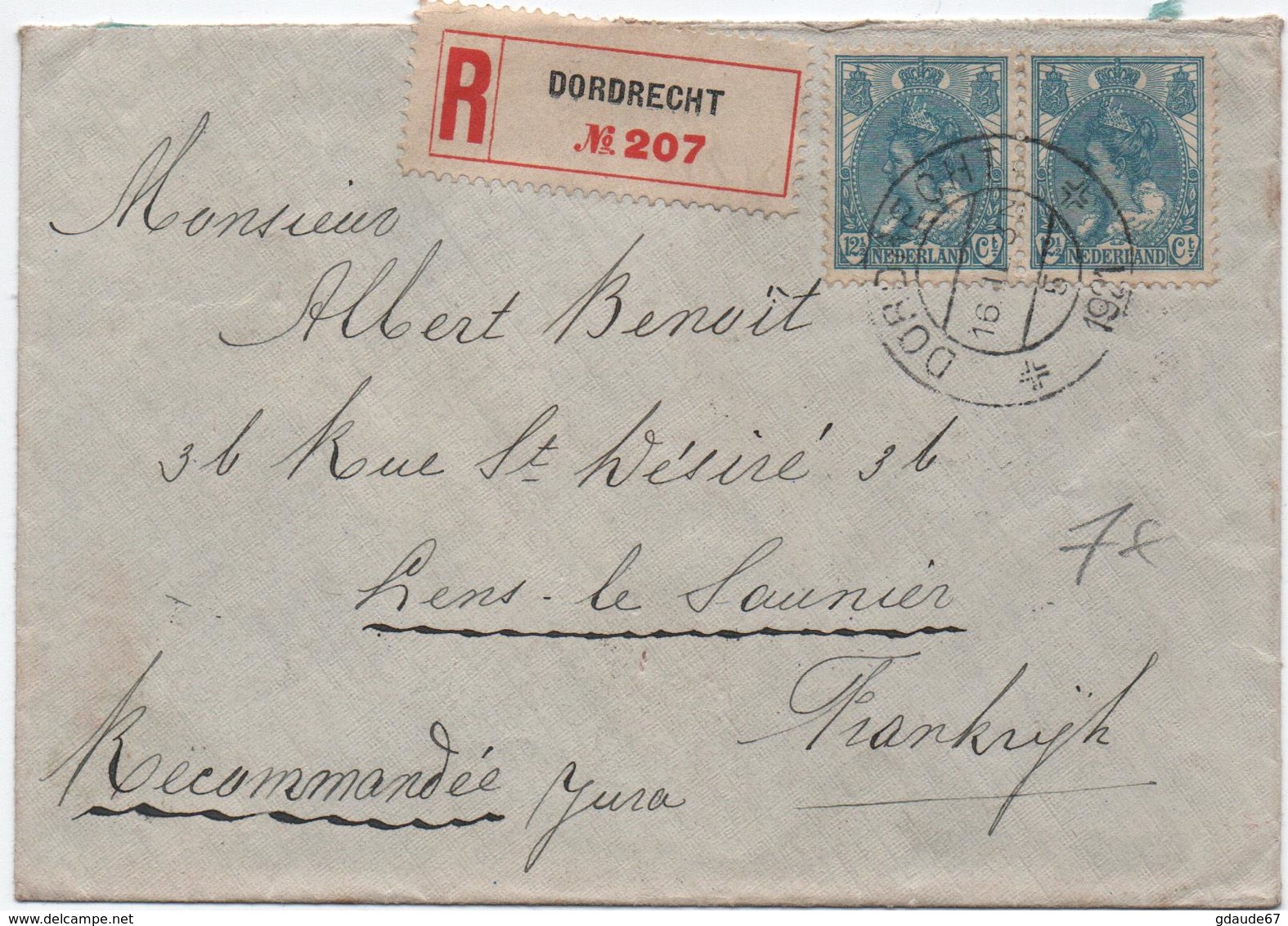 1921 - ENVELOPPE De DODRECHT Pour LONS LE SAUNIER (JURA) - Poststempel