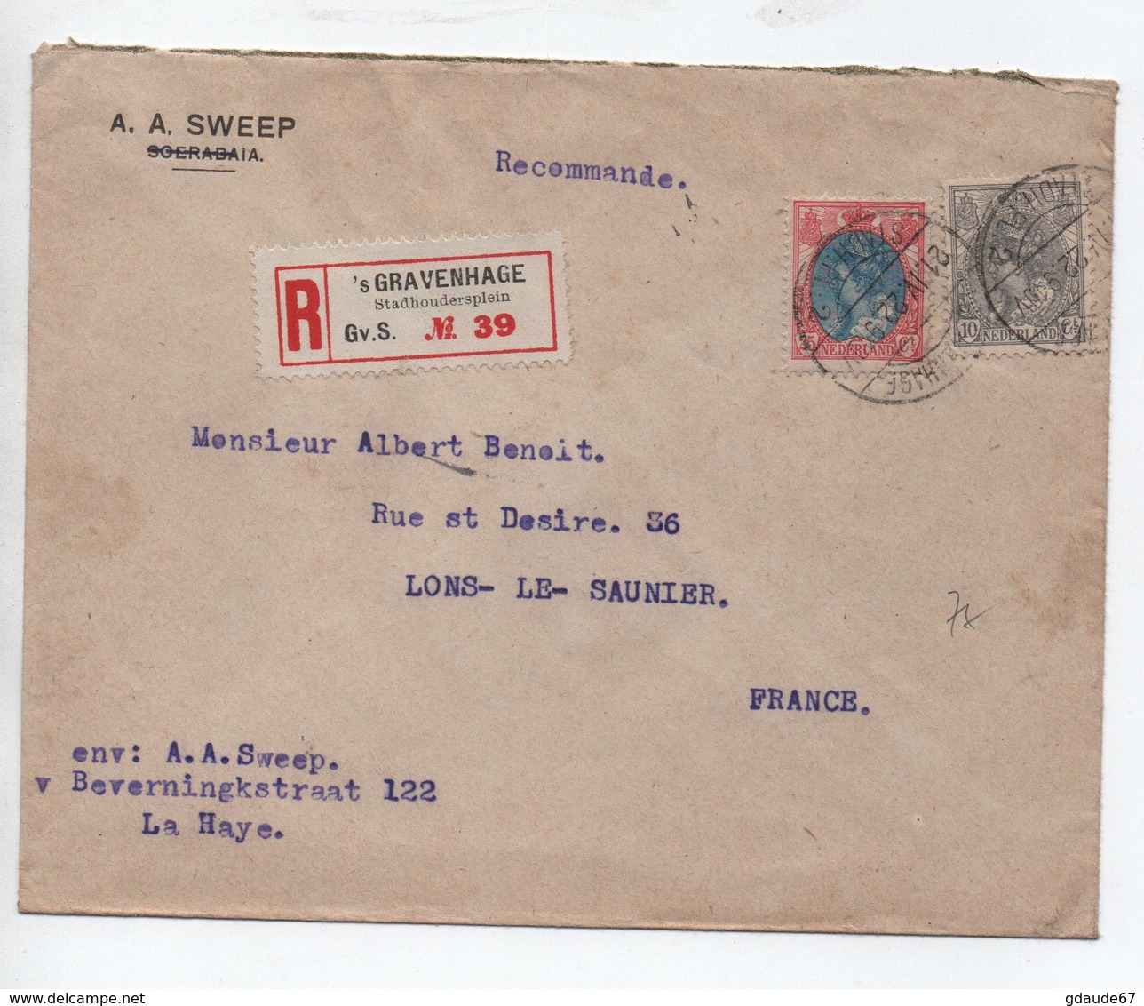 1922 - ENVELOPPE De 'S GRAVENHAGE Pour LONS LE SAUNIER (JURA) - Postal History