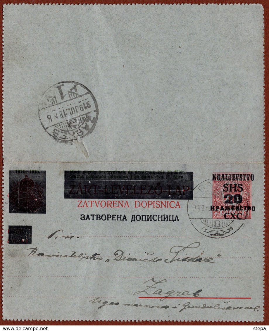 YUGOSLAVIA SHS, PROVISIONAL ISSUE For CROATIA, LETTER CARD 20 Filler, BAKAR To ZAGREB 1919 RARE!!!! - Postal Stationery