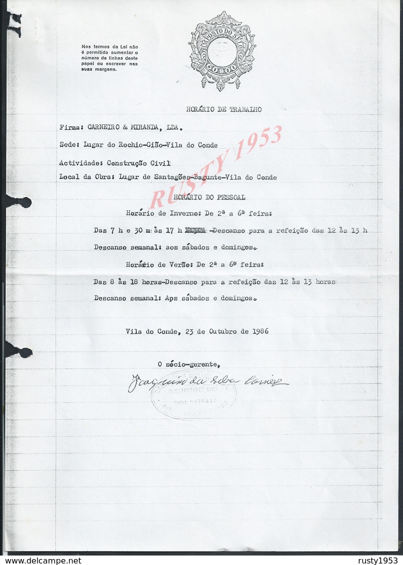 PORTUGAL DOCUMENT SUR EN TETE TAMPON IMPOSTO DO SELO FAIT À VILA DO CONDE 1986 : - Portugal