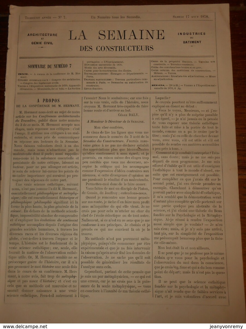 La Semaine Des Constructeurs. N°7. 17 Août 1878. Ascenseurs, Système Samain. Architecture Portugaise. - Riviste - Ante 1900