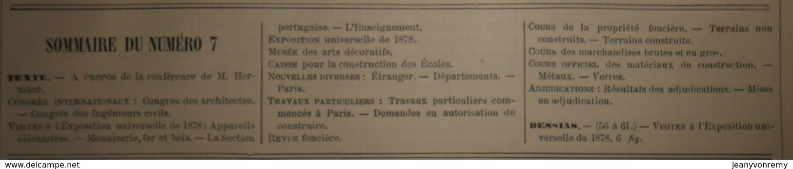 La Semaine Des Constructeurs. N°7. 17 Août 1878. Ascenseurs, Système Samain. Architecture Portugaise. - Riviste - Ante 1900