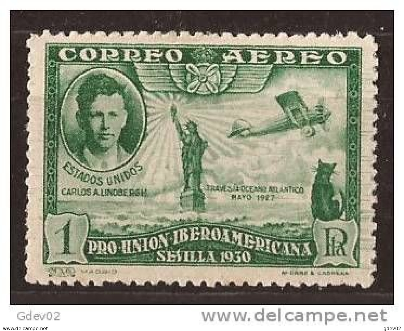 ES588-LA039-TEUESAERSC.1º Vuelo Sobre El Atlantico.Lindbergn.PRO UNION IBEROAMERICANA .AEREO. 1930 (Ed 588**) Nuevo,s/c. - Otros & Sin Clasificación