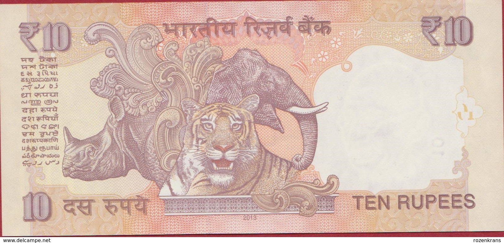 Reserve Bank Of India Mahatma Gandhi Ten 10 Rupees Tiger Rino Elephant Rinoceros Bankbiljet Billet Banknote - India