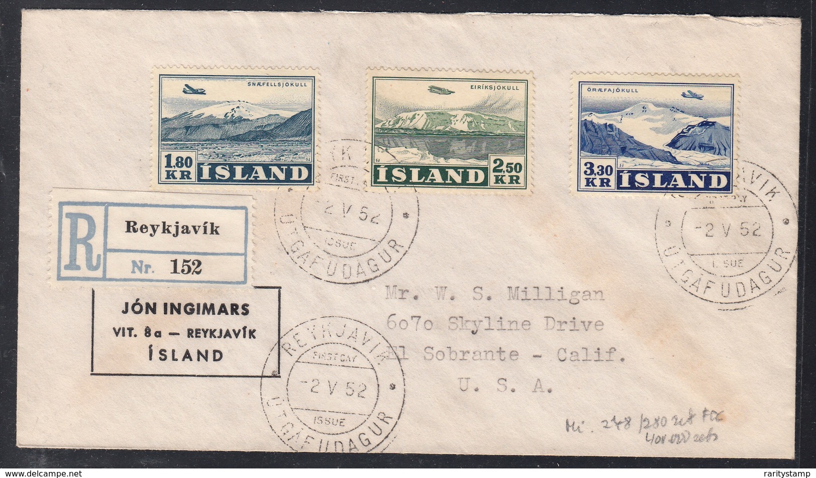 ISLANDA 1952 POSTA AEREA FDC SET UNIFICATO A27/A29 SU RACCOMANDATA PER U.S.A. DEL 2.5.1952 SPLENDIDA - Poste Aérienne