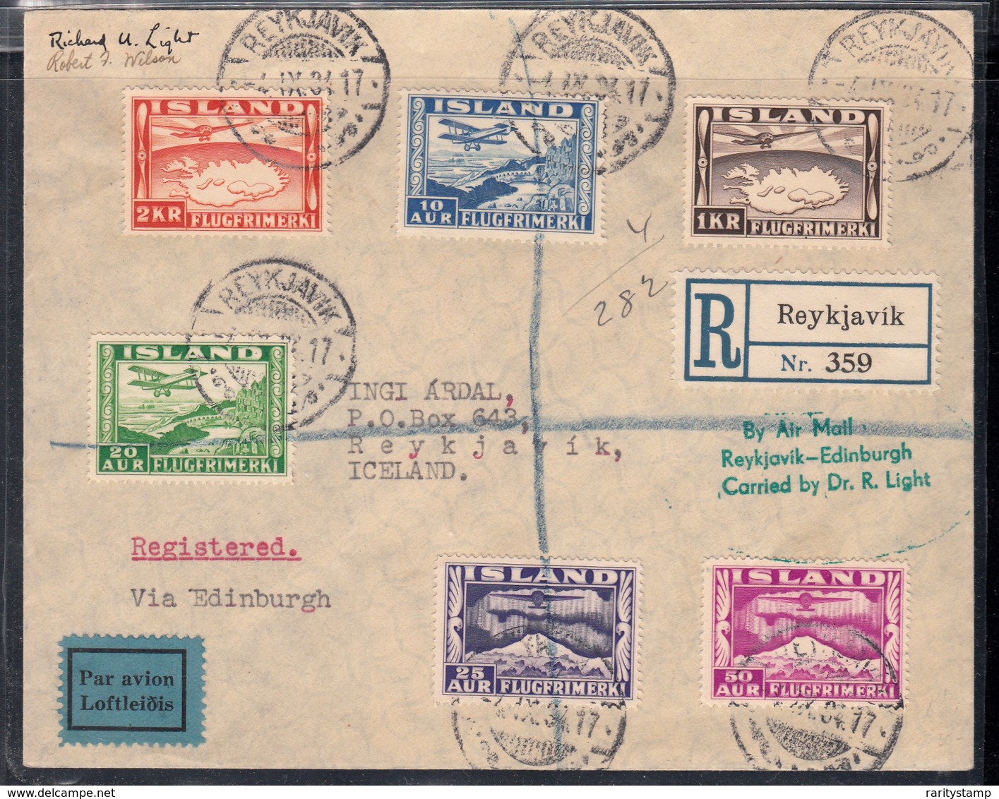 ISLANDA 1931 POSTA AEREA FDC SET UNIFICATO A15/A20 SU RACCOMANDATA  DEL 1.9.1934 SPLENDIDA - Luchtpost