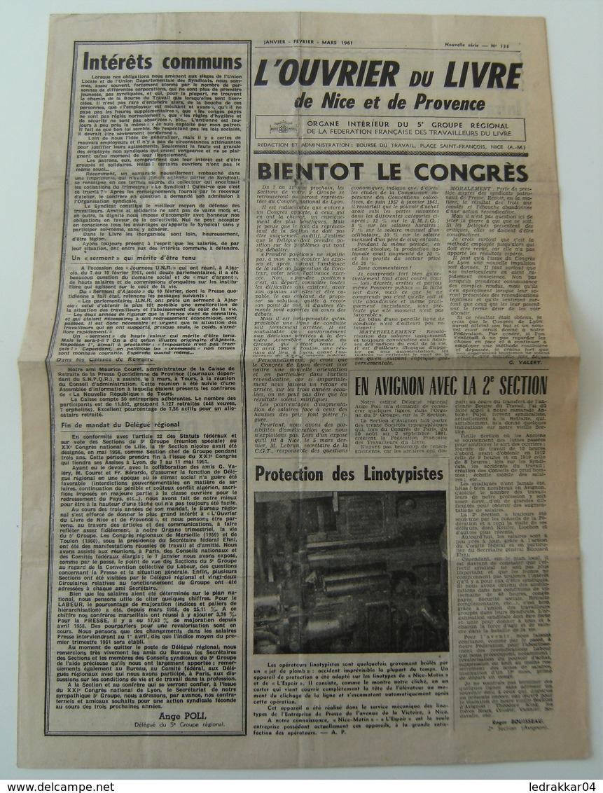 Journal L'ouvrier Du Livre De Nice Et De Provence 1961 N°133 Nouvelle Série - 1950 à Nos Jours