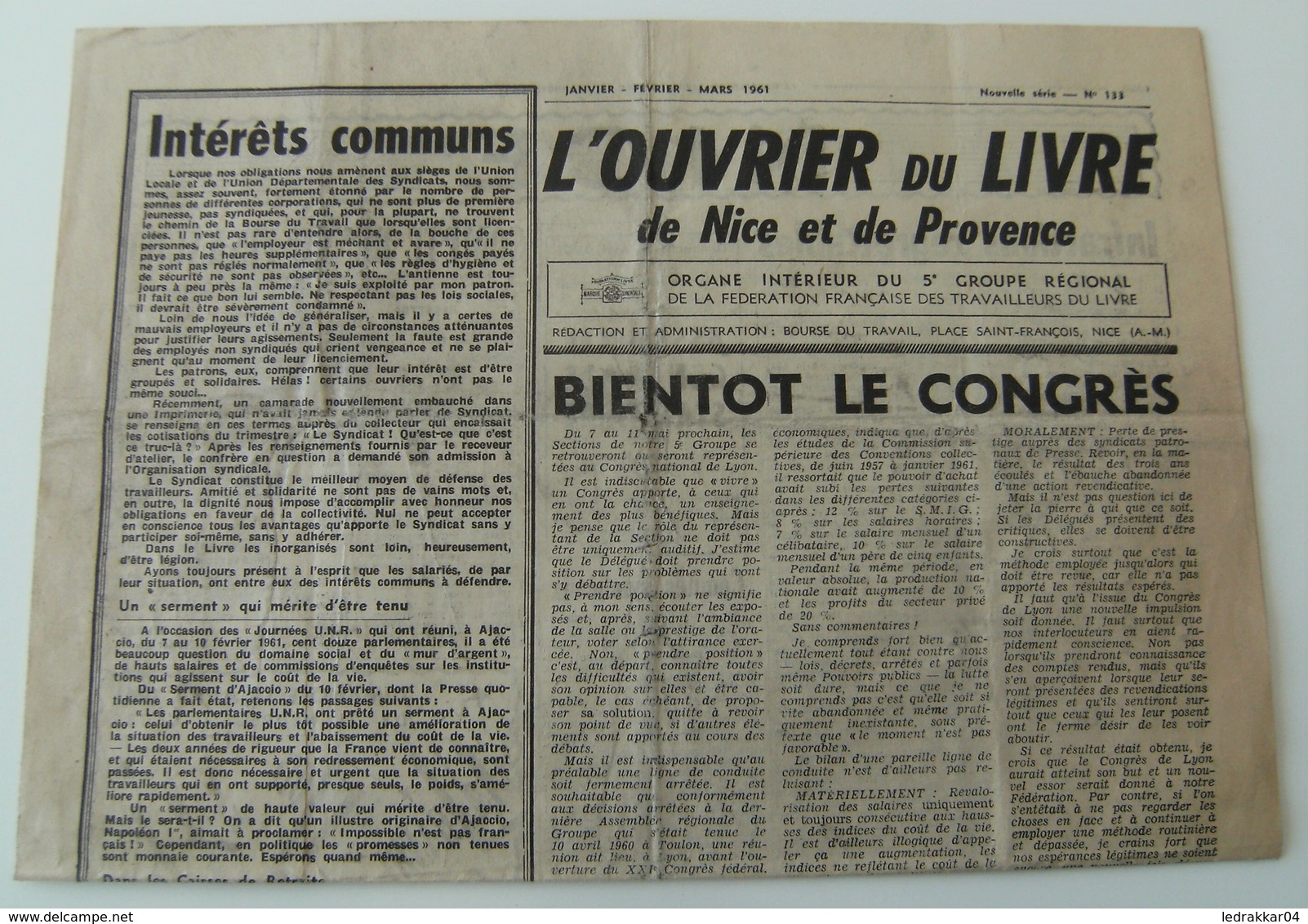 Journal L'ouvrier Du Livre De Nice Et De Provence 1961 N°133 Nouvelle Série - 1950 à Nos Jours