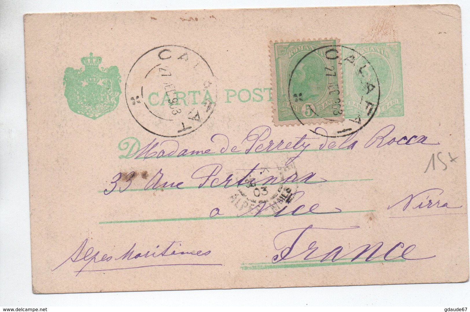 1903 - ENTIER POSTAL De CALAFAT (ROMANIA) Pour NICE - Entiers Postaux