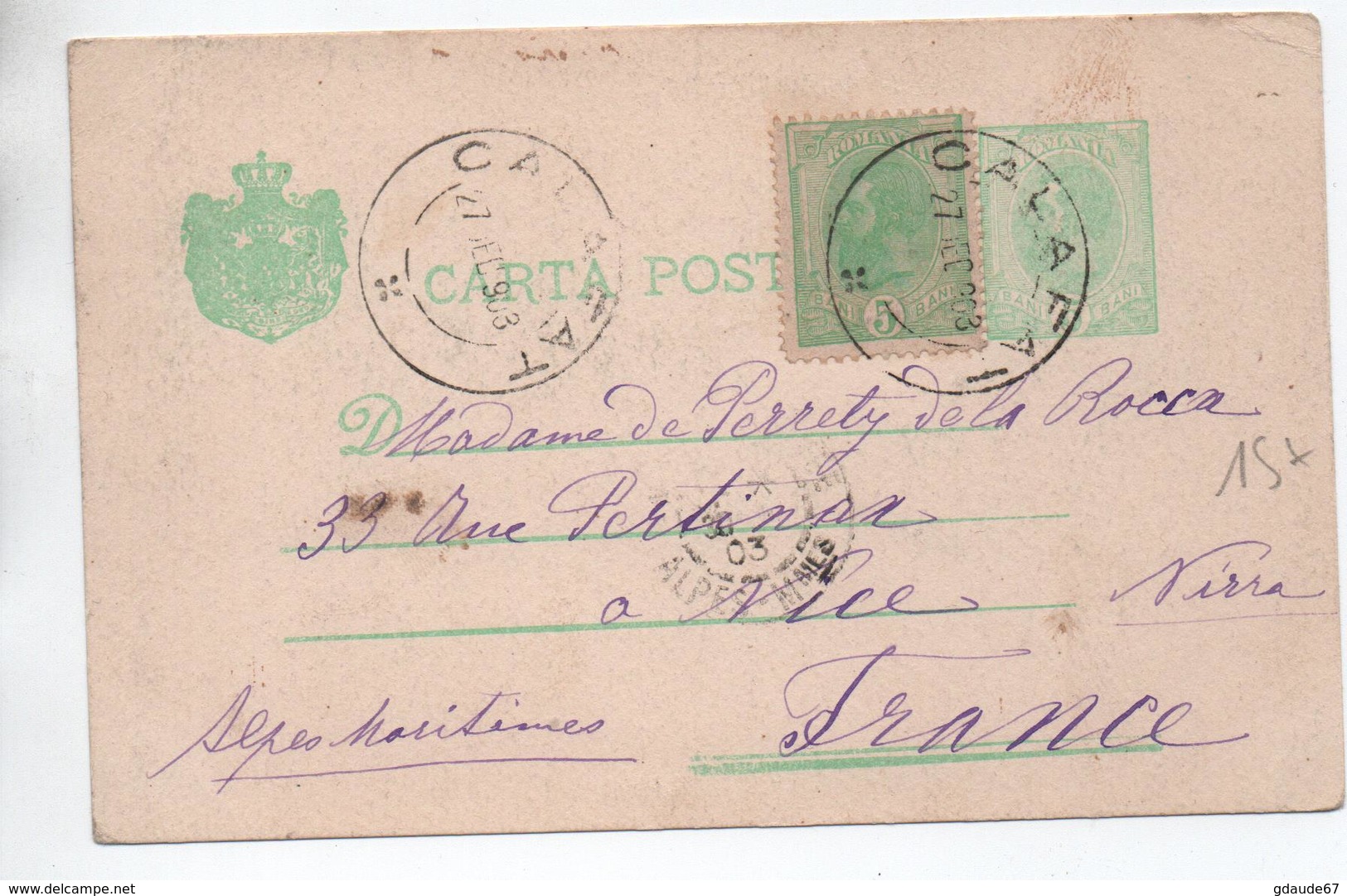 1903 - ENTIER POSTAL De CALAFAT (ROMANIA) Pour NICE - Interi Postali