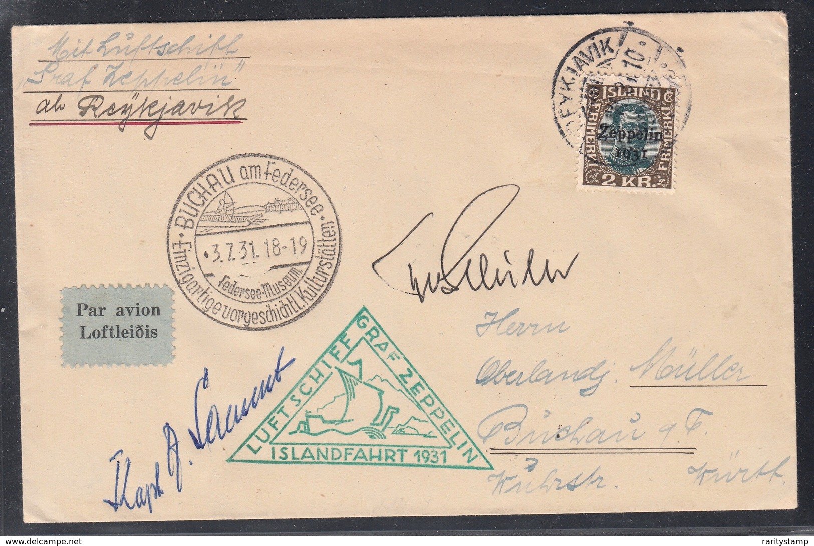 ISLANDA 1931  COVER POSTA AEREA GRAZ ZEPPELIN  2 KR. UNIFICATO N. A11    SPLENDIDA 03.07.1931 - Luchtpost