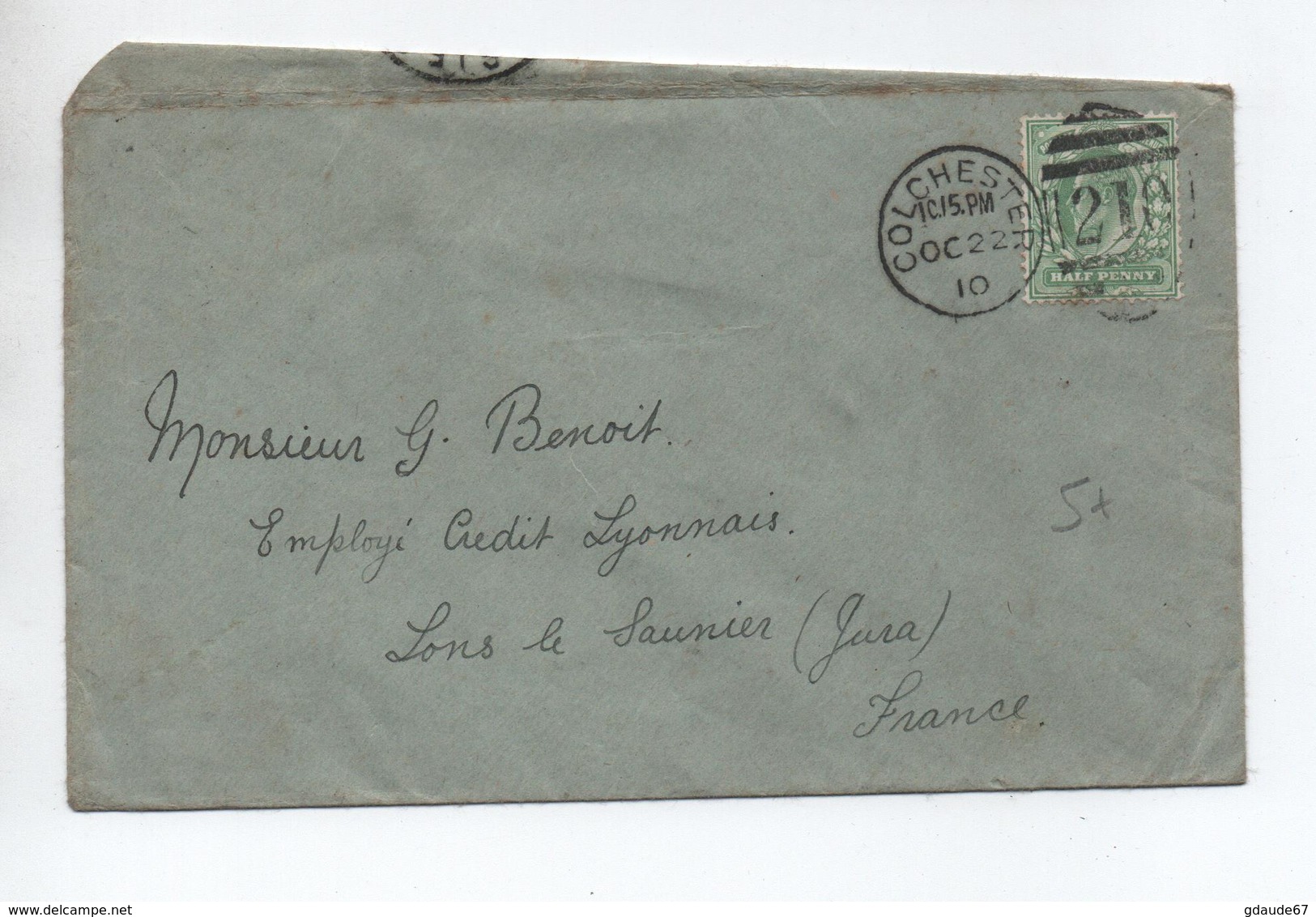 1910 - ENVELOPPE De COLCHESTER Pour LONS LE SAUNIER (JURA) - Poststempel