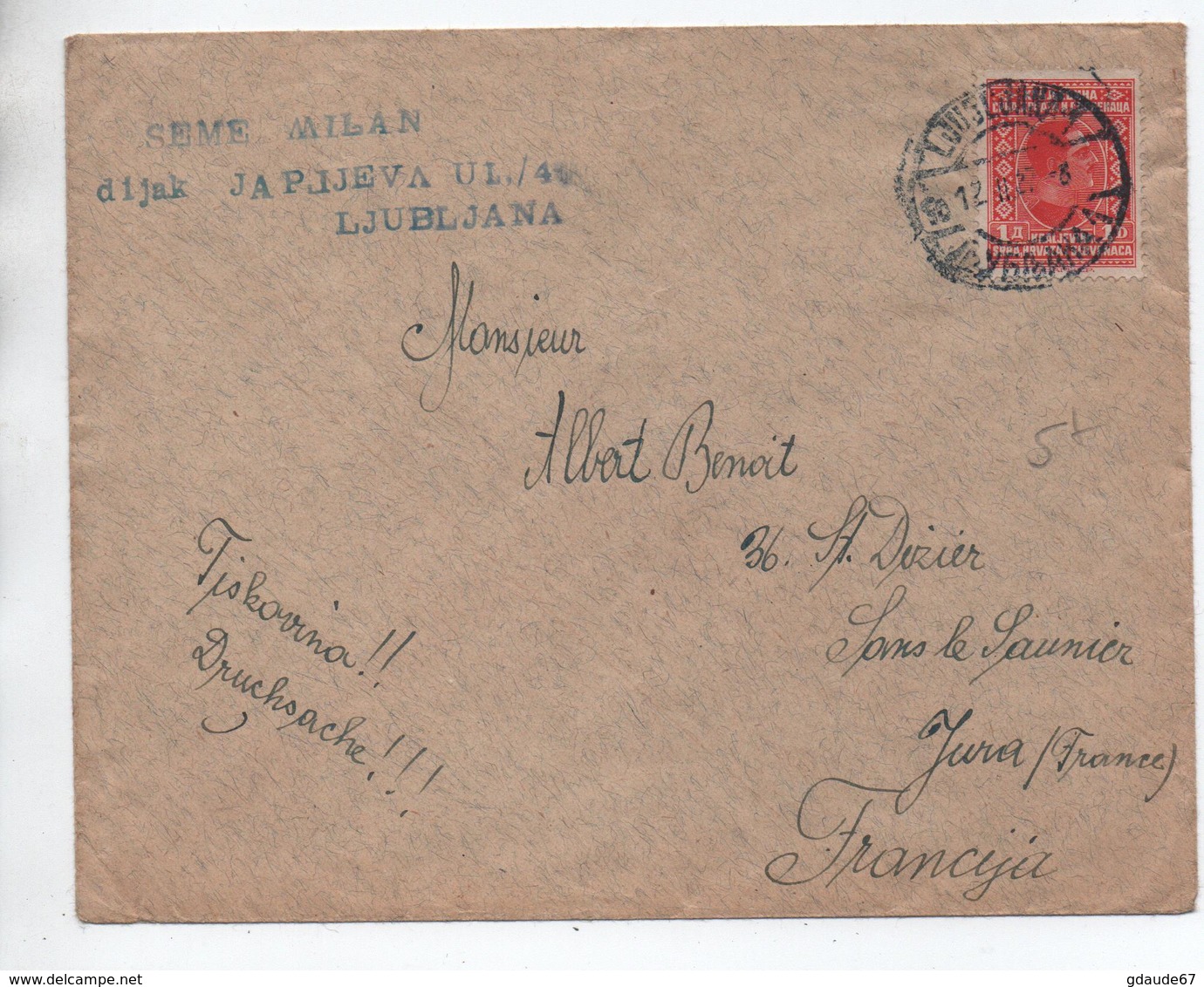 1927 - ENVELOPPE De LJUBLJANA Pour LONS LE SAUNIER (JURA) - Slovénie