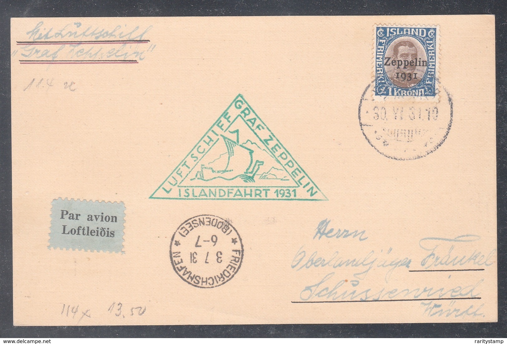 ISLANDA 1931  POSTA AEREA GRAZ ZEPPELIN  1 KR. UNIFICATO N. A10   SPLENDIDA 03.06.1931 - Luchtpost