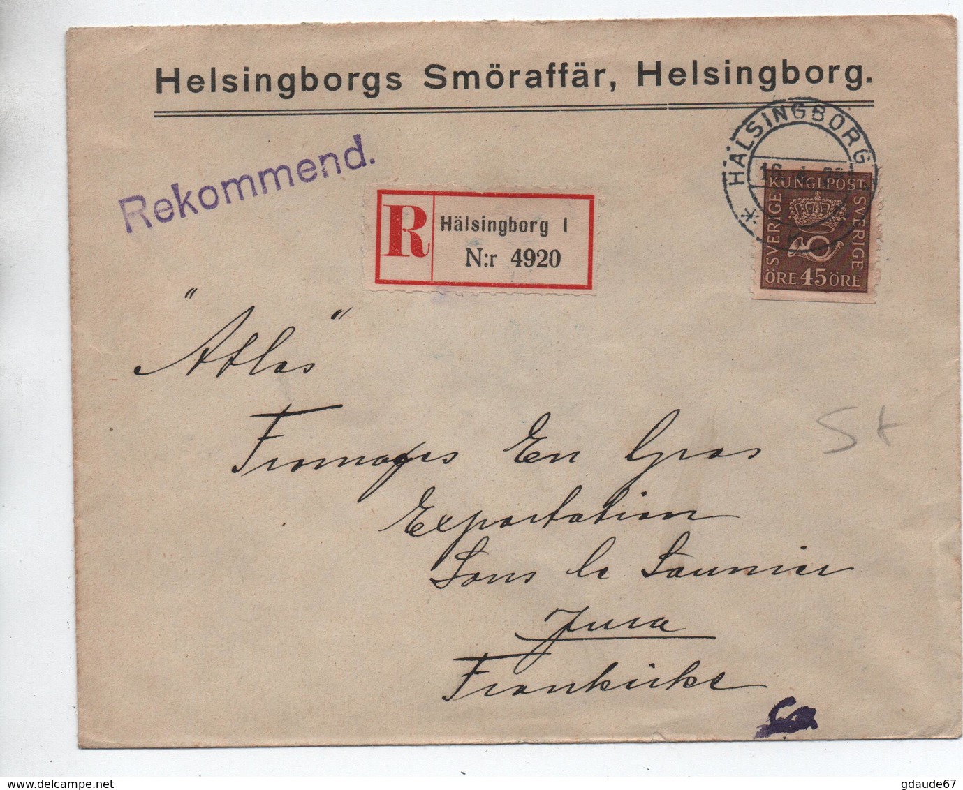 1928 - ENVELOPPE RECOMMANDEE De HÄLSINGBORG Pour LONS LE SAUNIER (JURA) - Covers & Documents
