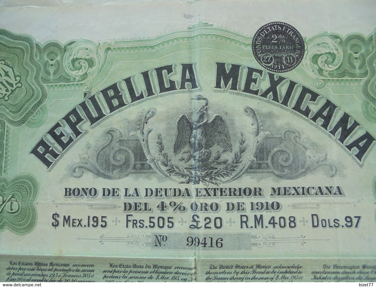 MEXIQUE - BONO DE LA DEUDA EXTERIOR MEXICANA - TITRE DE 505 FRS - 4% 1910 - Sonstige & Ohne Zuordnung