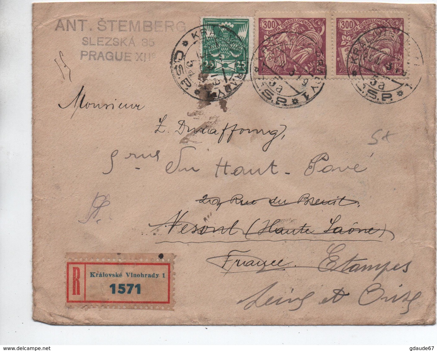 1923 - ENVELOPPE RECOMMANDEE De KRALOVSKE VINOHRADY Pour VESOUL -> REEXPEDIEE à ETAMPES - Storia Postale