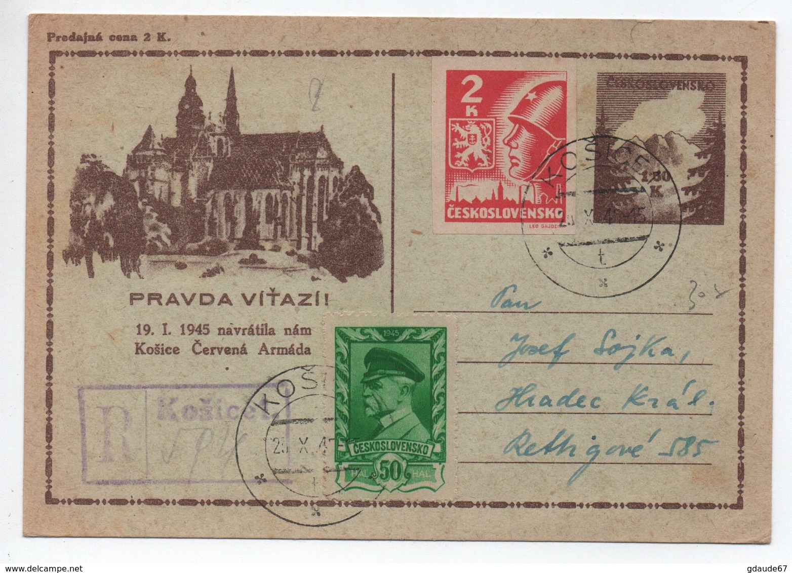 1945 - ENTIER POSTAL RECOMMANDE De KOSICET Avec NON DENTELE - Covers & Documents