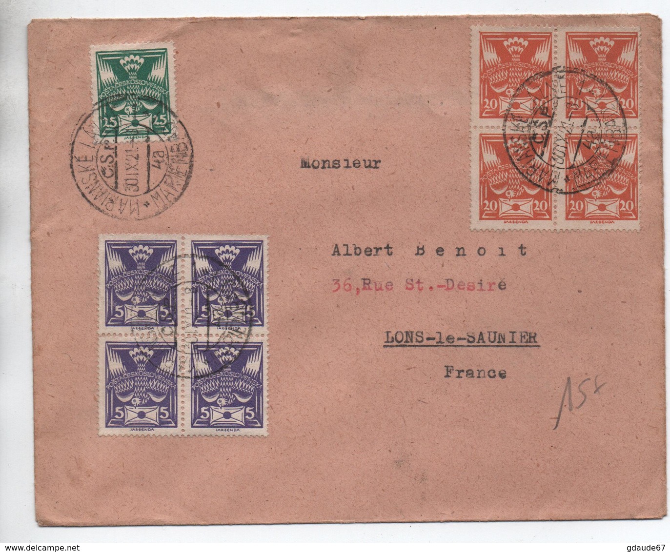 1921 - ENVELOPPE De MARIANSKE LAZNE MARIENBAD Pour LONS LE SAUNIER (JURA) Avec 2 BLOC X5 - Briefe U. Dokumente